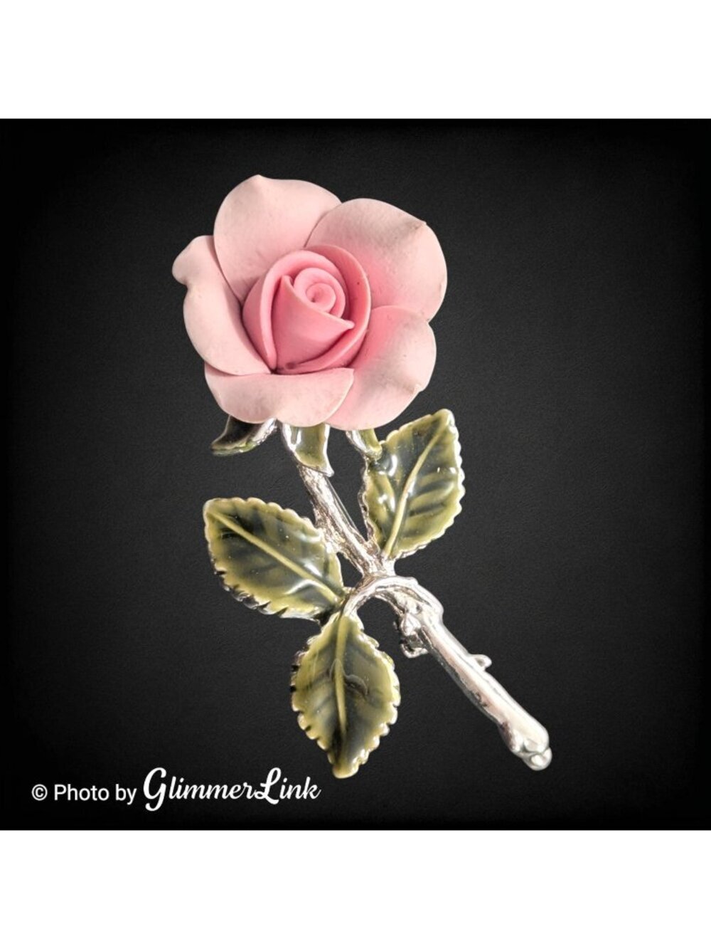 Vintage Floral Pink Porcelain Rose Silver Tone Brooch Pin